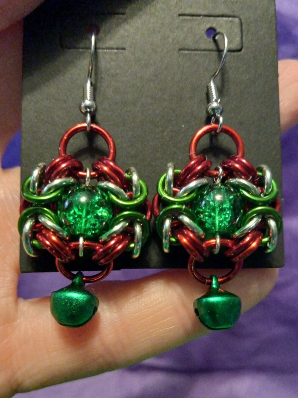 Green & Red Romanov Chain Mail Earrings with Bells